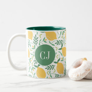 Moderne Zitronenfrüchte Gelbe grüne Blätter Monogr Zweifarbige Tasse