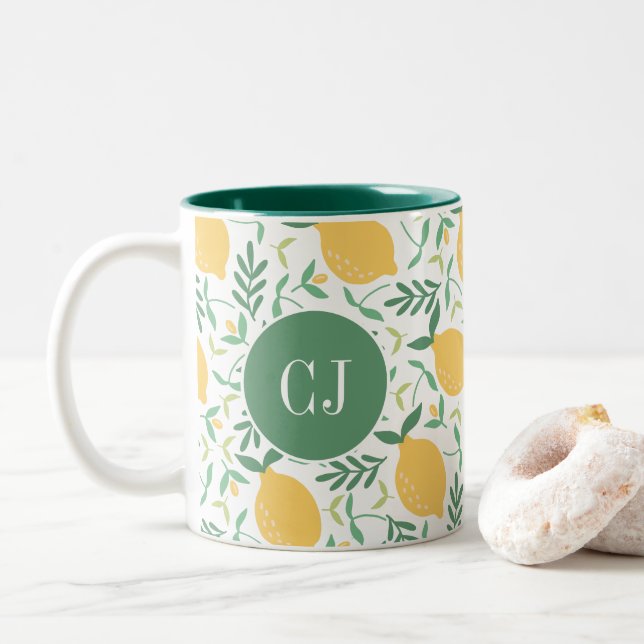 Moderne Zitronenfrüchte Gelbe grüne Blätter Monogr Zweifarbige Tasse (Mit Donut)