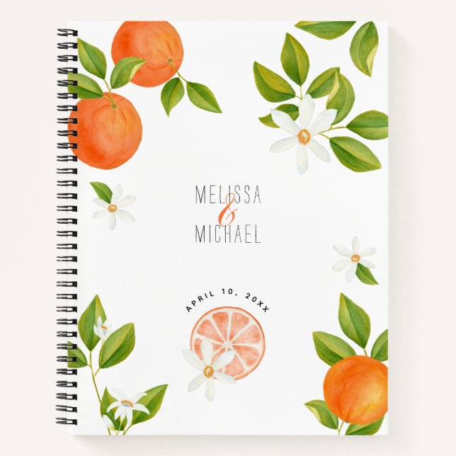 Moderne Zitrusfrüchte-Hochzeitsorn + Orangefarbene Notizbuch (Vorderseite)