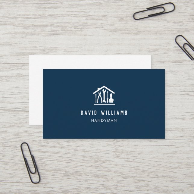 Moderne Zuhause-Reparatur Handyman-Logo Navy Blue Visitenkarte (Vorderseite/Rückseite Beispiel)
