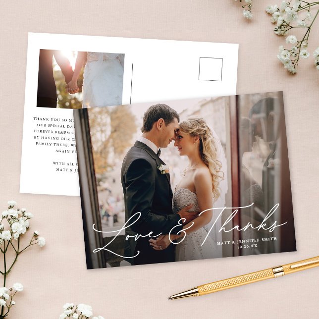 Moderne Zwei-Foto-Hochzeit Liebe & Danke Postkarte (Von Creator hochgeladen)