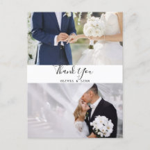 Moderne Zwei-Foto-Schwarz-Weiß-Hochzeit Danke