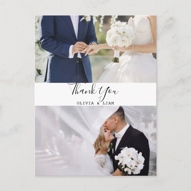 Moderne Zwei-Foto-Schwarz-Weiß-Hochzeit Danke Postkarte (Vorderseite)