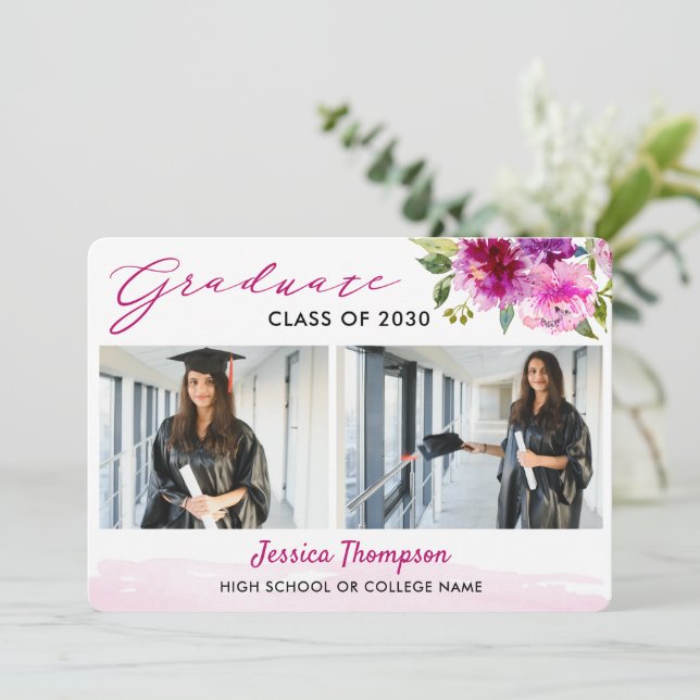Moderne zwei Fotocollage Floral Graduation Party Einladung (Stehend Vorderseite)