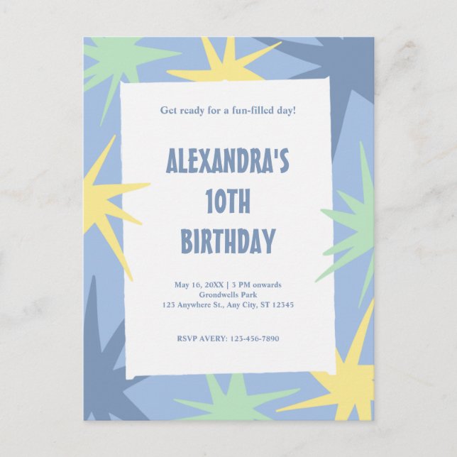 Moderner 10. Geburtstag Einladungspostkarte (Vorderseite)