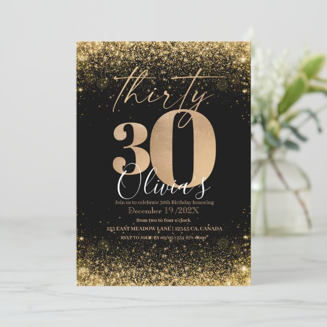 Moderner 30. Geburtstag Party Black Gold Glitzer Einladung (Stehend Vorderseite)