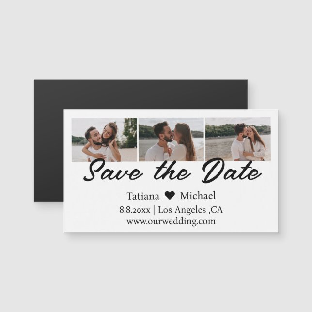 moderner 3-Foto-Collage Save the Date chic Magnet (Vorne/Hinten)