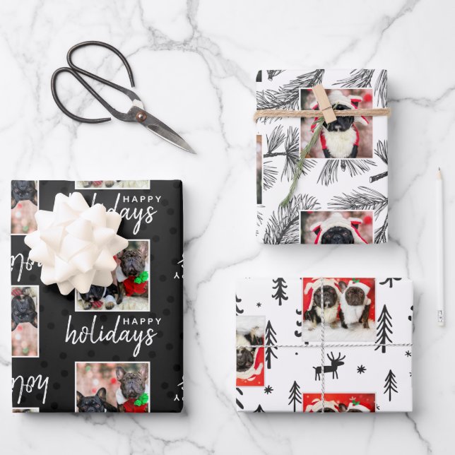 Moderner 3-Foto-Hundeschlittenurlaub Geschenkpapier Set (Vorderseite)