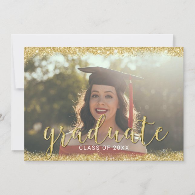 Moderner 3D Script Gold Glitzer Foto Abschluss Einladung (Vorderseite)