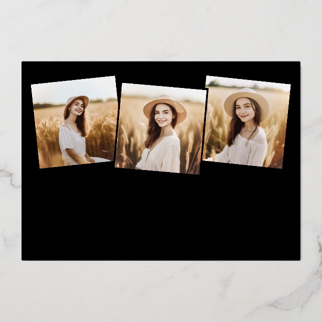 Moderner 4-Foto Abschluss Collage Black and Gold Folieneinladung (Vorderseite)