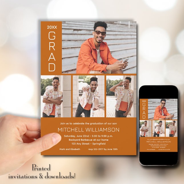 Moderner 4 Foto Burnt Orange Abschluss Einladung (Modern 4 Photo Burnt Orange Graduation Invitations)