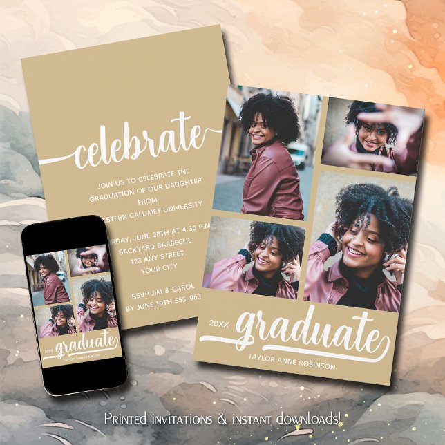 Moderner 4 Foto Collage Gold Abschluss Einladung (Modern 4 photo collage gold graduation party invitations)