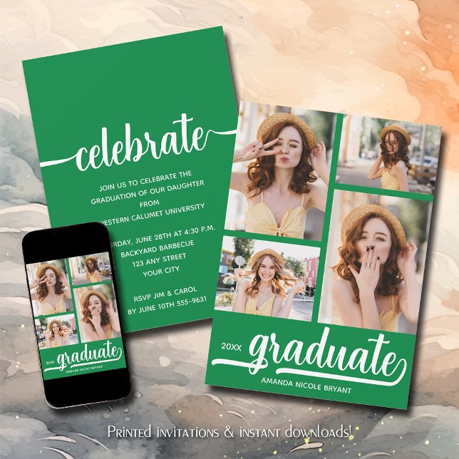Moderner 4-Foto Collage Green Abschluss Einladung (Modern 4 photo collage green graduation party invitations)