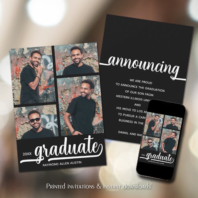 Moderner 4-Foto Collage Schwarzer Abschluss Ankündigung (Modern 4 Photo Collage Black Graduation Announcements)
