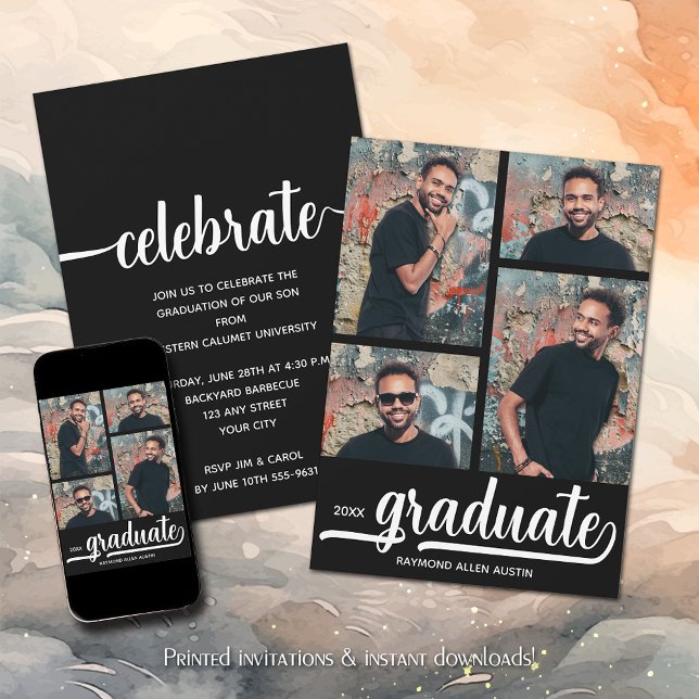 Moderner 4-Foto Collage Schwarzer Abschluss Einladung (Modern 4 Photo Collage Black Graduation Invitations)