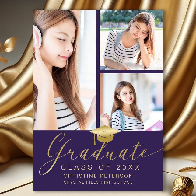 Moderner 4-Foto Collage Script Lila Abschluss Ankündigung (Modern 4 Photo Collage Purple and Gold Graduation Announcement)
