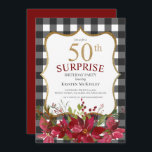 Moderner 50. Geburtstag Schwarzer Glitzer Einladung<br><div class="desc">Dieses lustige Design ist perfekt für Ihre 50. Geburtstagsfeier. Dieses Design bietet einen Büffel-karierten Hintergrund,  Goldakzente,  rote Blume und eine benutzerdefinierte Typografie für Imitate Glitzer.</div>