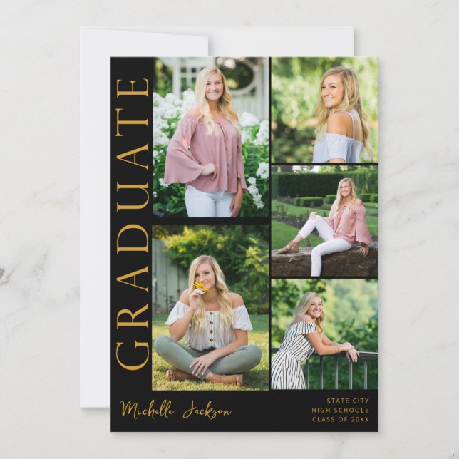 Moderner 5-Foto-Abschluss - Schwarz Einladung (Vorderseite)