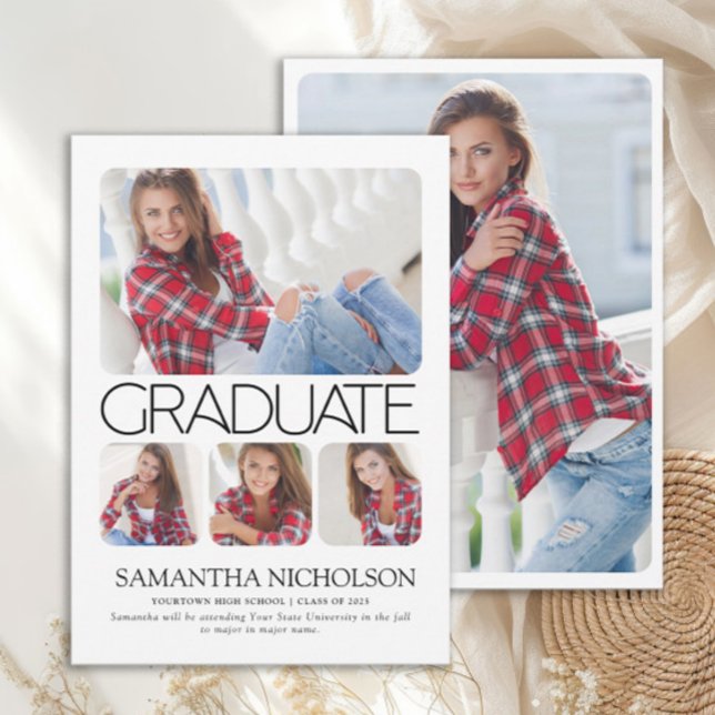 Moderner 5-Foto-Abschluss Sleek (Modern white 5-photo graduation announcement)