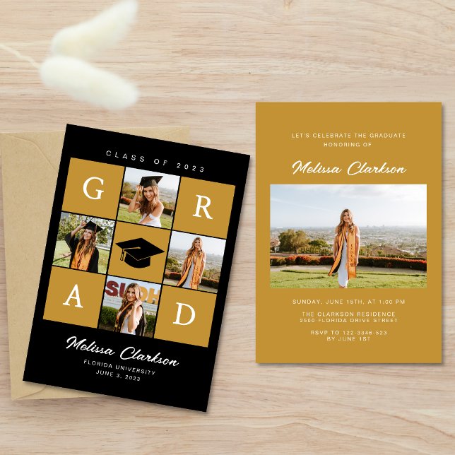 Moderner 5-Foto Collage Black & Mustard Abschluss Einladung (Von Creator hochgeladen)