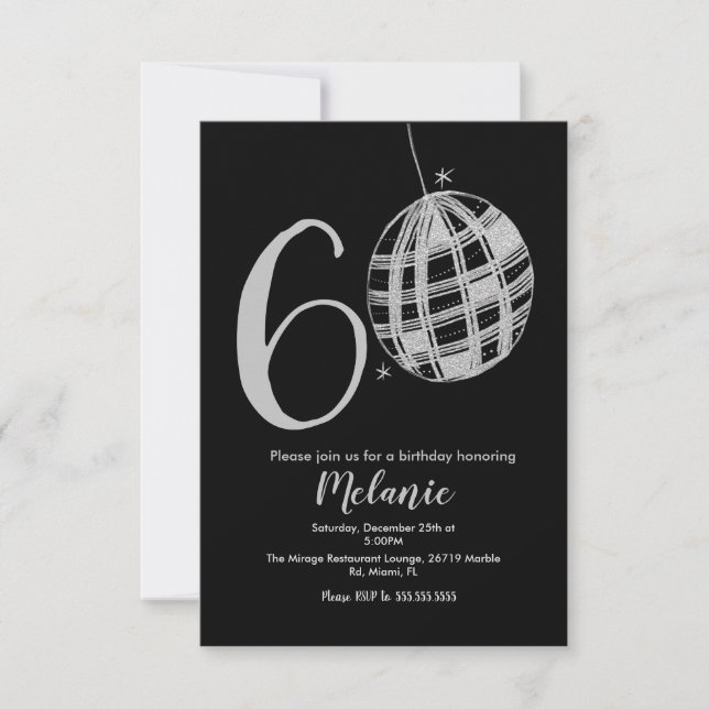 Moderner 60. Script Bold Black Disco Glitzer Invit Einladung (Vorderseite)
