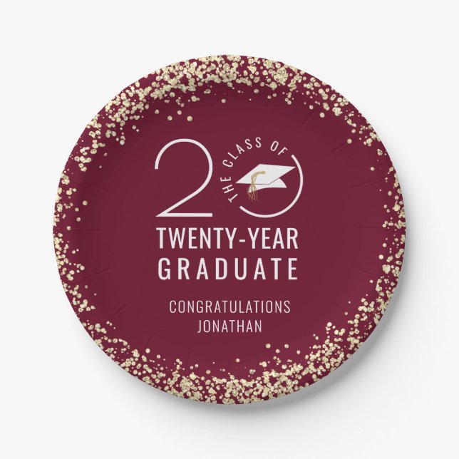 Moderner Abschluss Class Jahr Maroon Gold Confetti Pappteller (Vorderseite)