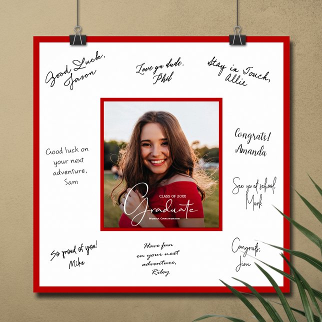 Moderner Abschluss Foto Unterschrift Skizze Poster (Graduation autograph poster with your photo and red border, INSTANT DOWNLOAD and/or PRINTED)