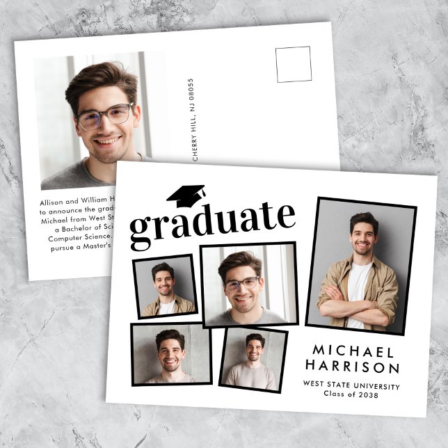 Moderner Abschluss für FotoCollage Ankündigungspostkarte (Cherish the milestone: share your graduate's achievement with a custom photo graduation announcement)