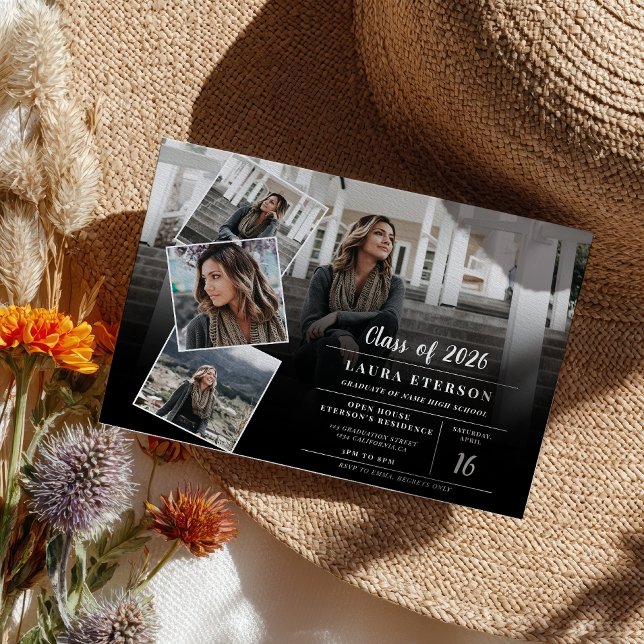 Moderner Abschluss in Schwarzweiß-Foto Einladung (Modern black and white minimalist photo graduation invitation)