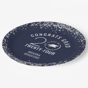Moderner Abschluss Navy Blue Imitats Silver Glitze Pappteller