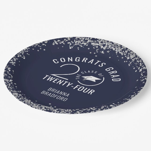 Moderner Abschluss Navy Blue Imitats Silver Glitze Pappteller (Schrägansicht)