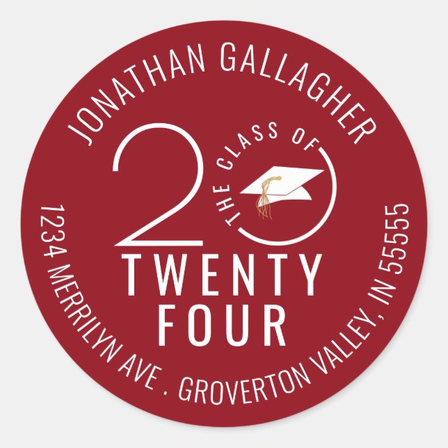Moderner Abschluss Red Stylish Class Year Runder Aufkleber (Vorderseite)