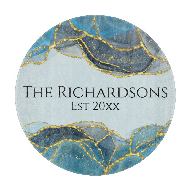 Moderner Abstrakter Blue Gold Agate Stone Name Schneidebrett (Vorderseite)