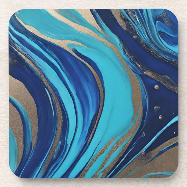Moderner Abstrakter Flow Art-Blue und Gold- Getränkeuntersetzer (Vorderseite)