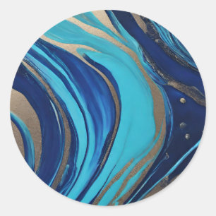 Moderner Abstrakter Flow Art-Blue und Gold- Runder Aufkleber