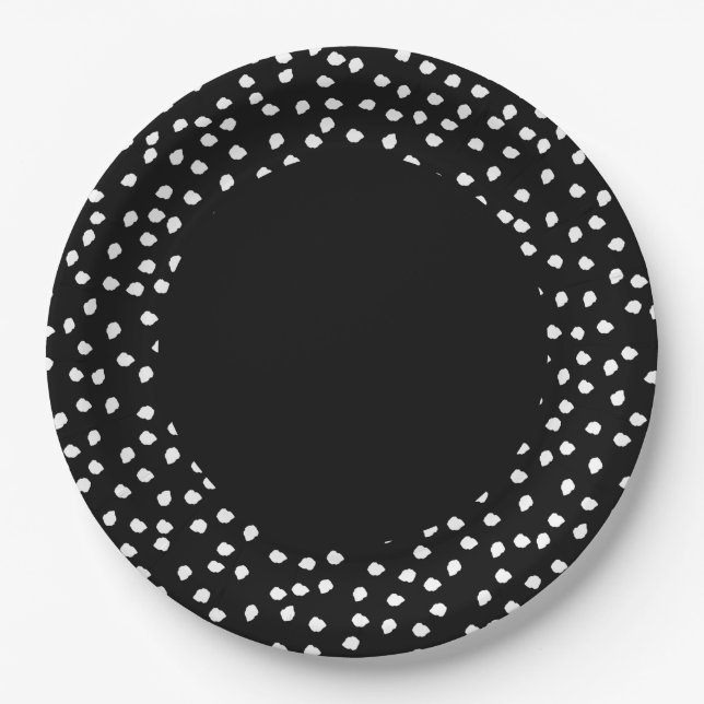 Moderner Abstrakter Polka Dot Black and White Pappteller (Vorderseite)