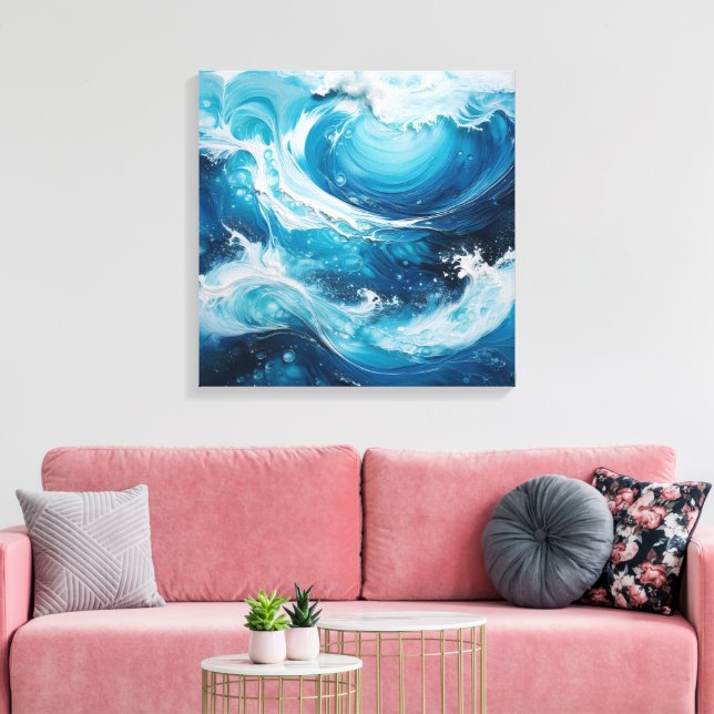 Moderner Abstrakter Swirl in Ocean Blue Waves Farb Leinwanddruck (Insitu (Wohnzimmer))