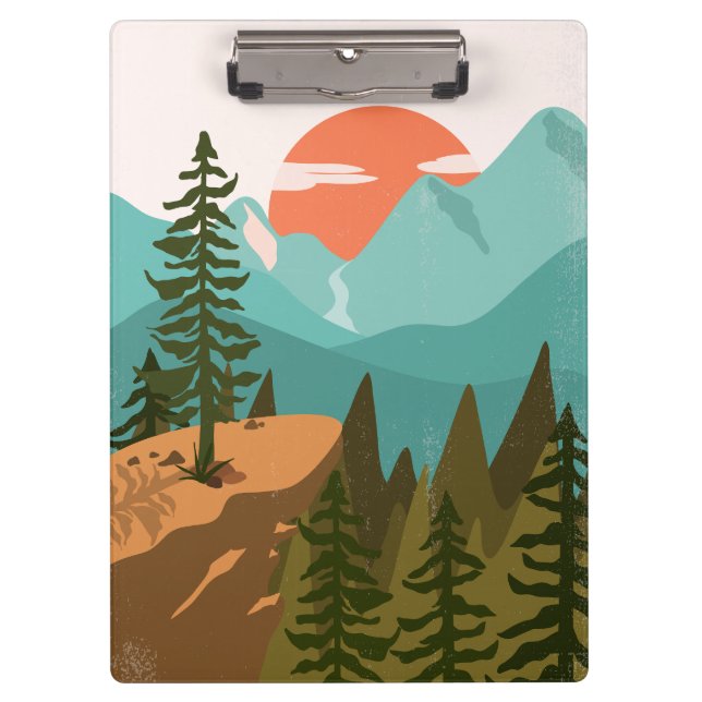 Moderner Abstrakter Wald, Gebirge und Sonnenaufgan Klemmbrett (Vorderseite)