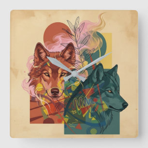 Moderner abstrakter Wolf und Natur Quadratwanduhr Quadratische Wanduhr