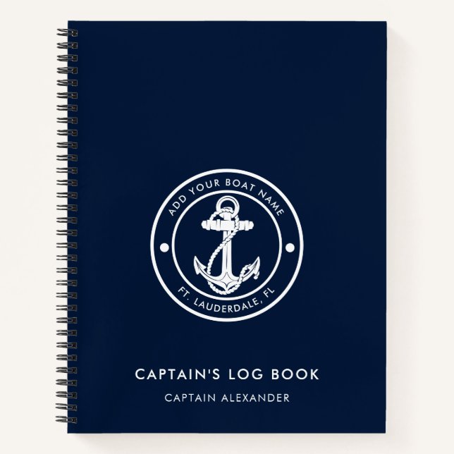 Moderner Anker-Boot-Name Navy Blau Kapitäne-Logbuc Notizbuch (Vorderseite)