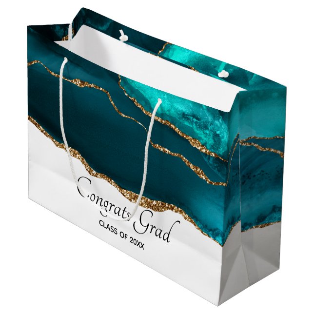 Moderner Aquamariner Agate & Gold Ribbon Abschluss Große Geschenktüte (Vorderseite Schrägansicht)