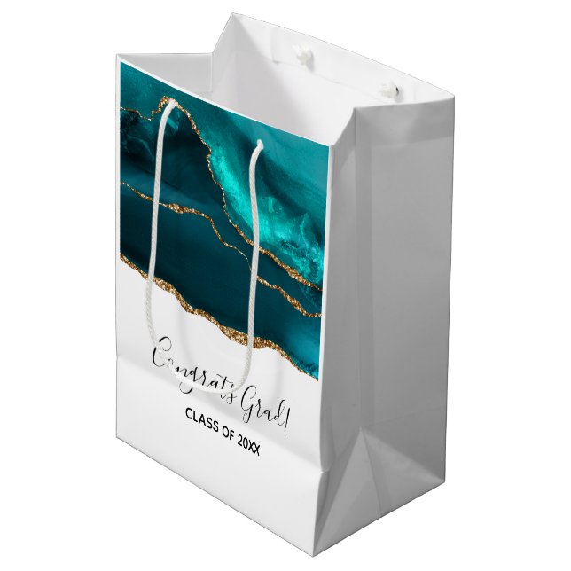 Moderner Aquamariner Agate & Gold Ribbon Abschluss Mittlere Geschenktüte (Vorderseite Schrägansicht)