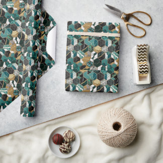 Moderner Aquamariner, geometrischer und goldener M Geschenkpapier