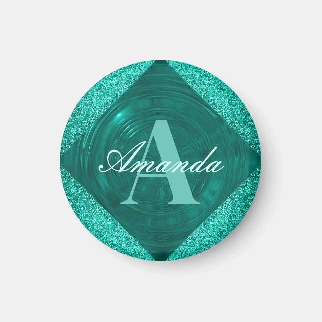 Moderner Aquamariner Glitzer Girly Monogram Magnet (Vorne)