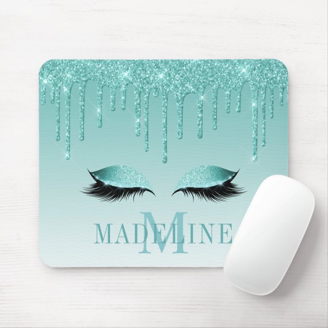 Moderner Aquamariner Glitzer Lashes Monogram Mousepad (Mit Mouse)