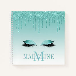 Moderner Aquamariner Glitzer Lashes Monogram Notizbuch