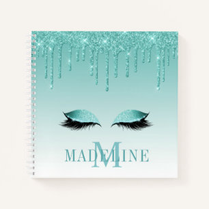 Moderner Aquamariner Glitzer Lashes Monogram Notizbuch