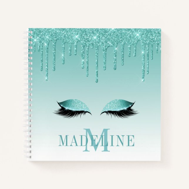 Moderner Aquamariner Glitzer Lashes Monogram Notizbuch (Vorderseite)