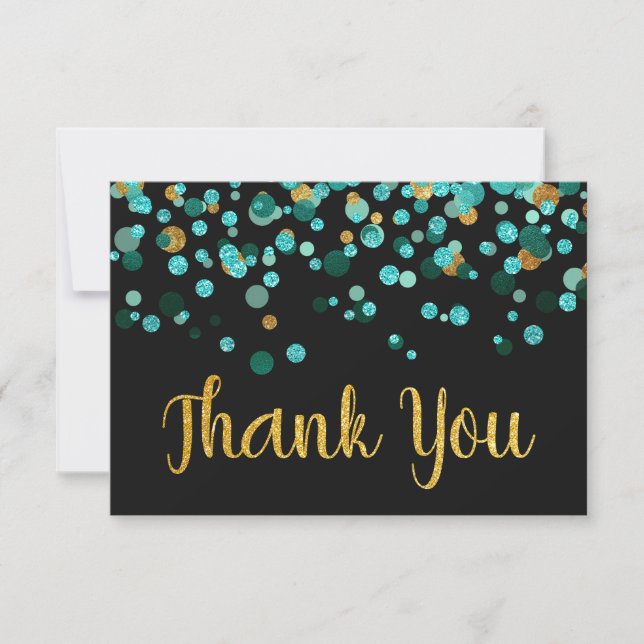 Moderner Aquamariner Gold Glitzer Confetti Black V Dankeskarte (Vorderseite)
