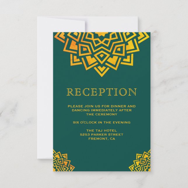 Moderner Aquamariner Gold Mandala Indischer Empfan Einladung (Vorderseite)